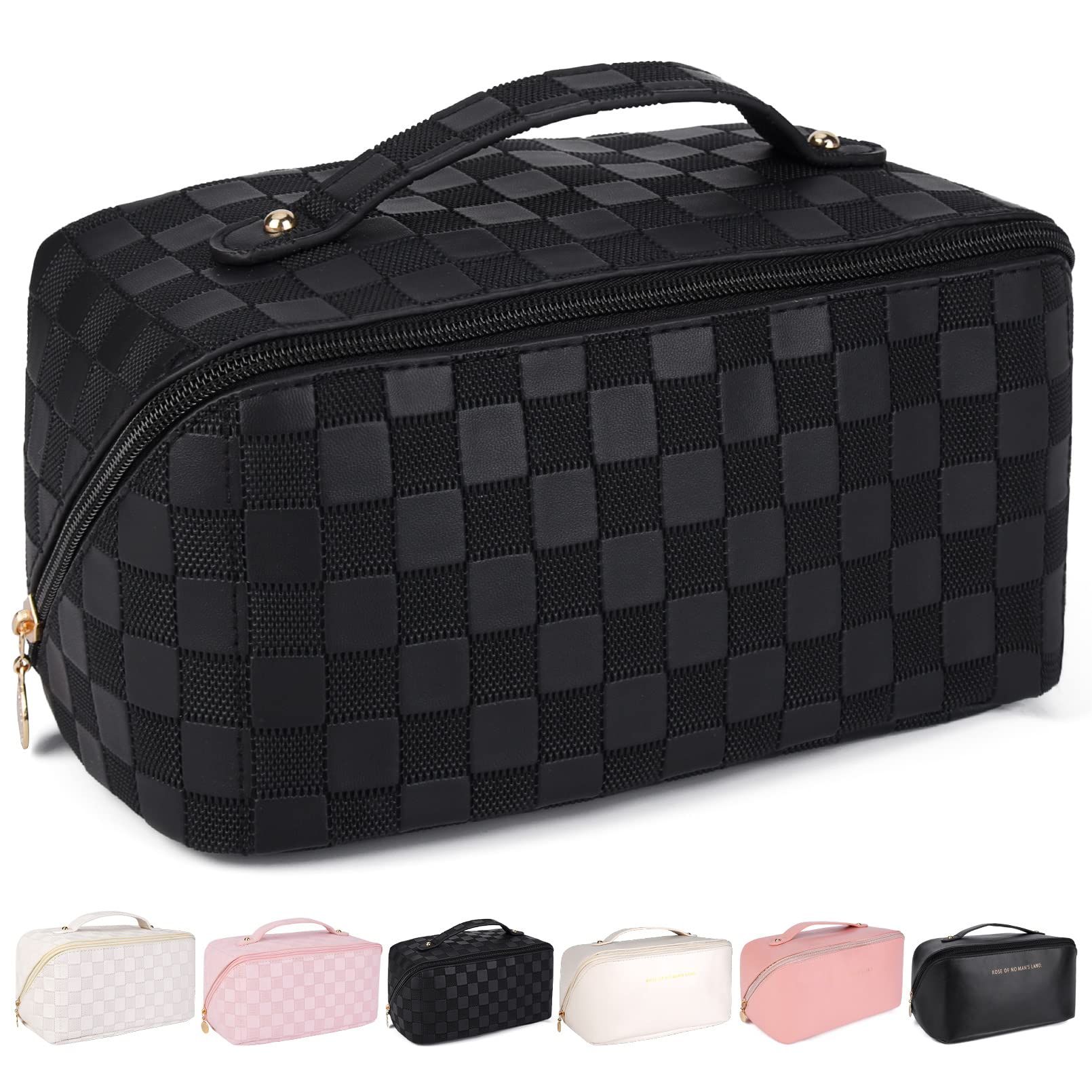 Travel Makeup Bag for Women Large Capacity Cosmetic Bag Waterproof Black Checkered Portable PU Le... | Amazon (US)