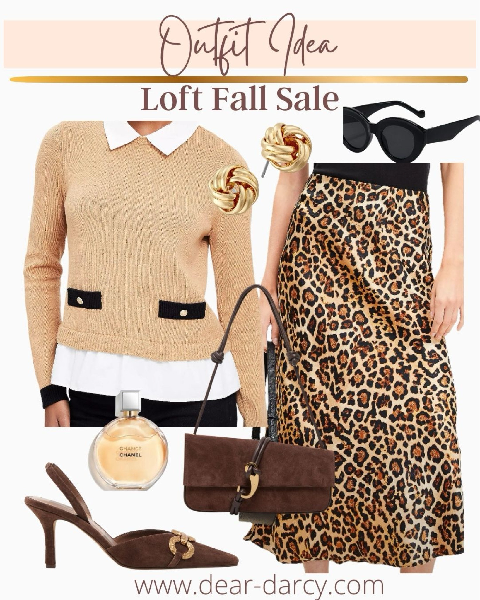 Loft sale
30% off sweater and leopard satin skirt 

Dolce vita bag and shoes 

Chanel perfume 
Anne Klien knot earrings $15 

Sunglasses 

#LTKFindsUnder50 #LTKSaleAlert #LTKStyleTip