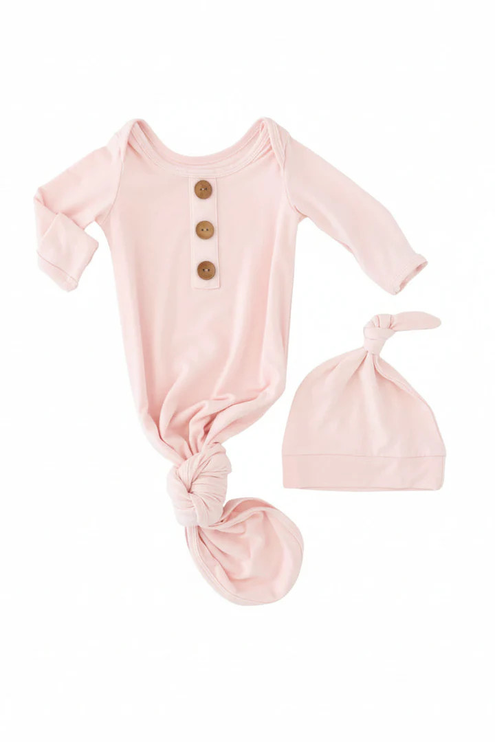 Solid Blush Bamboo Baby Knot Gown & Hat | Caden Lane