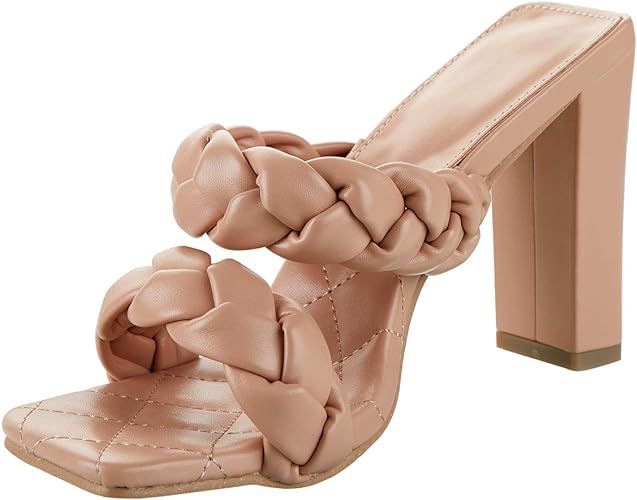 LALA IKAI Women's Braided Block Heels Sandals Square Open Toe Strap Slip On Mules Party Dress Sli... | Amazon (US)