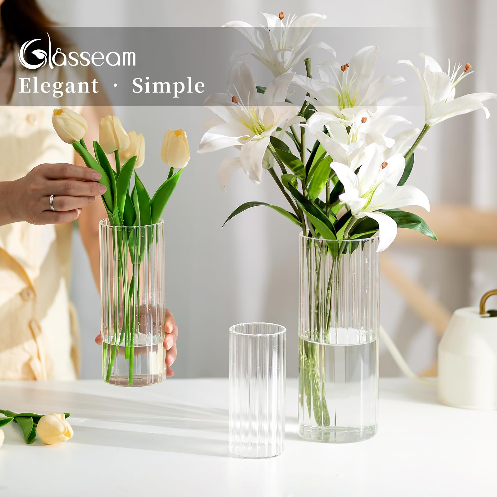 Glasseam Ribbed Glass Candle Holder, Cylinder Candle Holders for Pillar Candles, Clear Hurricane ... | Amazon (US)