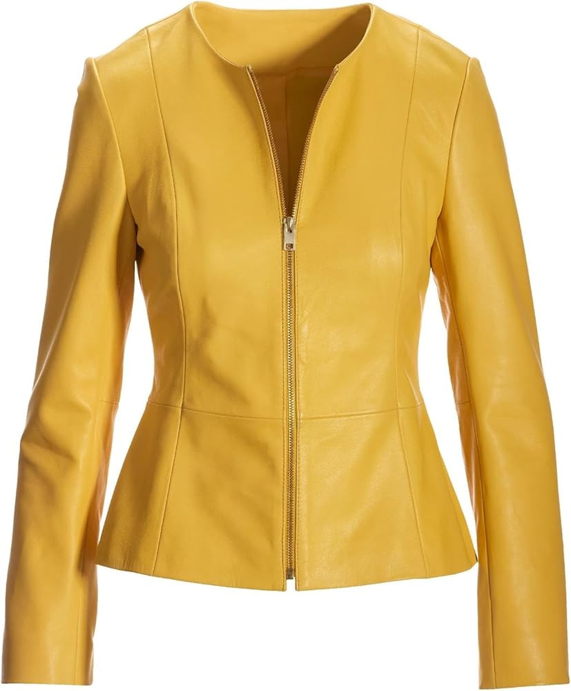 Women's Leather Jacket – Drowned Black Lambskin Biker Peplum Style, Genuine Leather | Amazon (US)