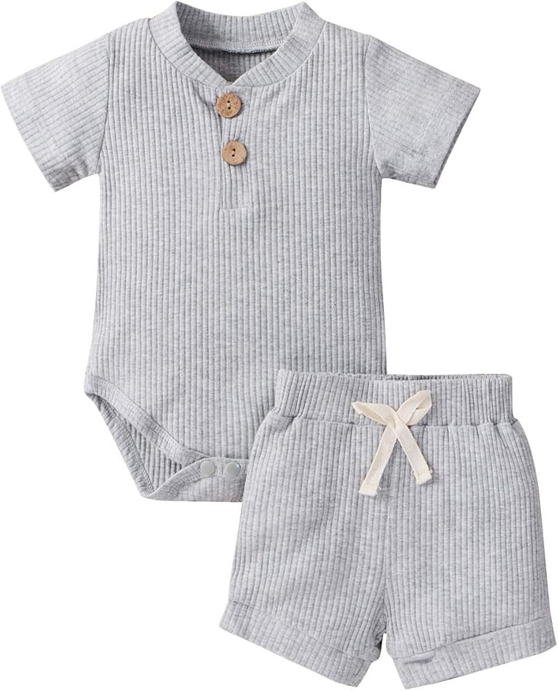 Ledy Champswiin Summer Newborn Baby Boy Girl Clothes Set Ribbed Outfits Unisex Infant Solid Short... | Amazon (US)