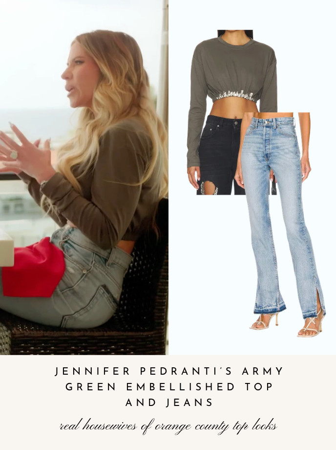 Jennifer Pedranti's Army Green Embellished Top and Jeans 

 