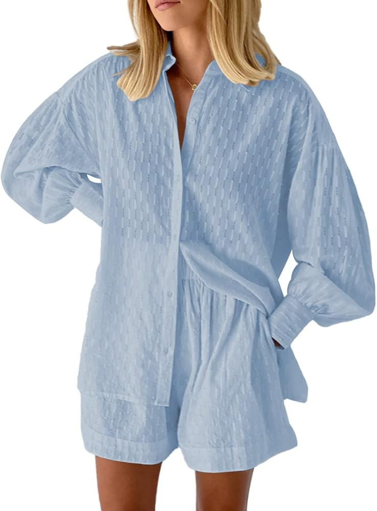 Meenew Women's 2 Piece Outfits Long Sleeve Button Down Shirts and Shorts Set Casual Lounge Set Sw... | Amazon (US)