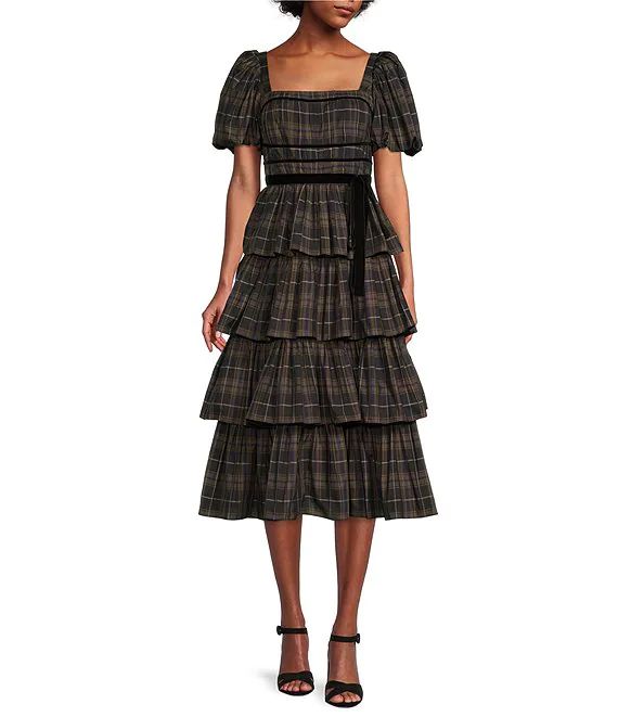 Antonio Melani Maisie Plaid Print Square Neck Puff Sleeve Midi Dress | Dillard's | Dillard's