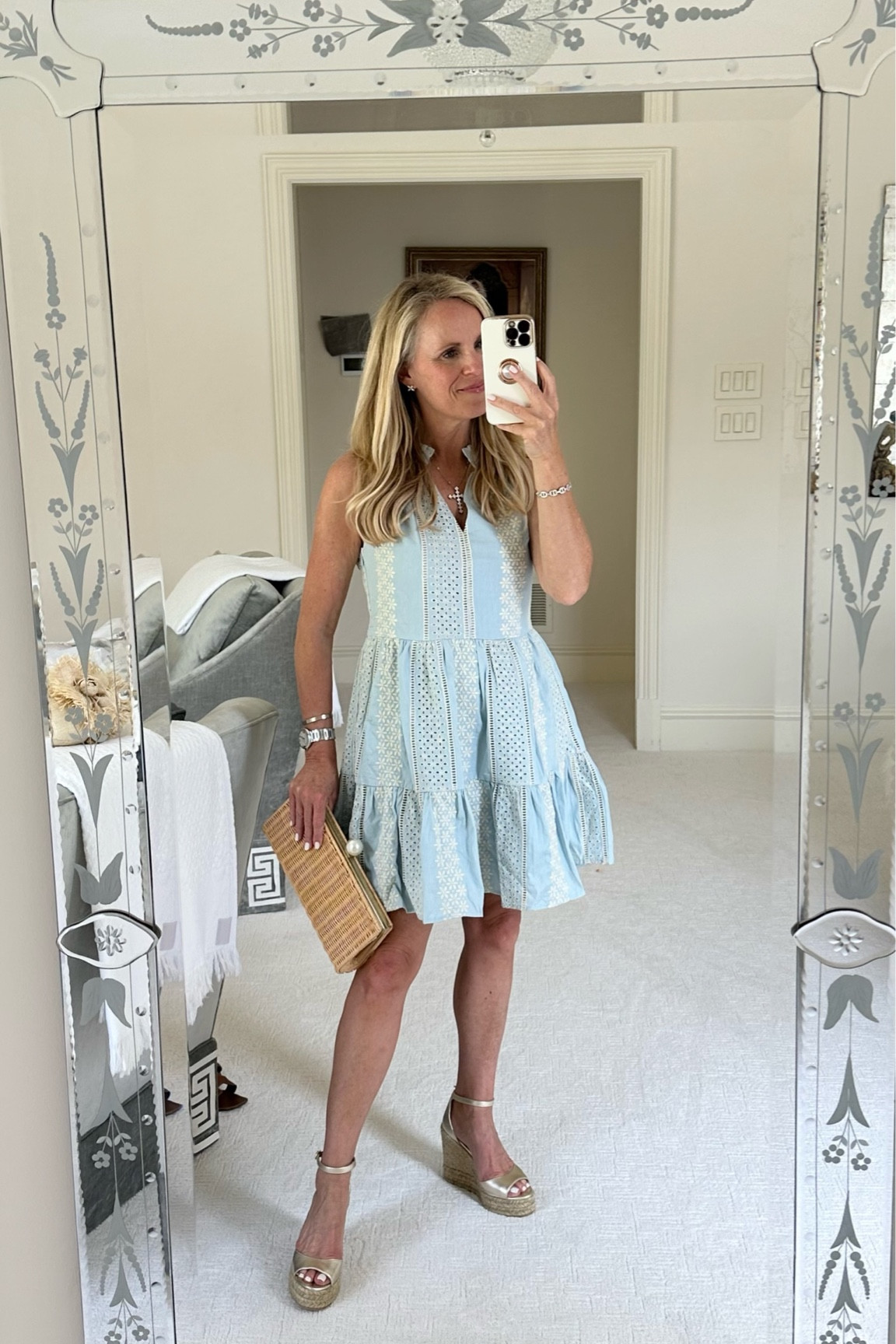 Love this look for summer or a beach vacation! This blue and white dress pairs beautifully with espadrille wedges and this handwoven rattan clutch with a pearl detail 

#LTKSeasonal #LTKstyletip #LTKFind
