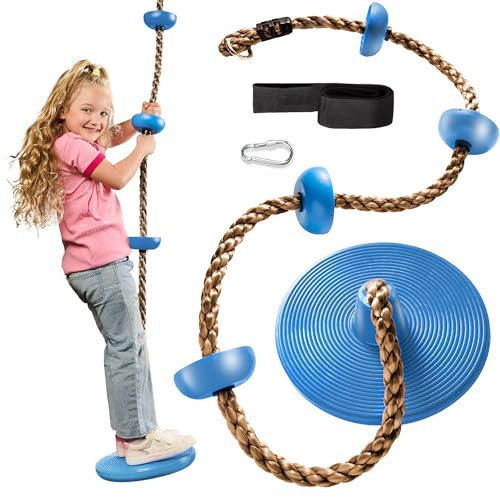 Jungle Gym Kingdom Tree Swing for Kids - Single Disc Seat and Brown Climbing Rope Set w/Carabiner and 4 Foot Strap - Treehouse and Outdoor Playground Accessories - Blue | Amazon (US)
