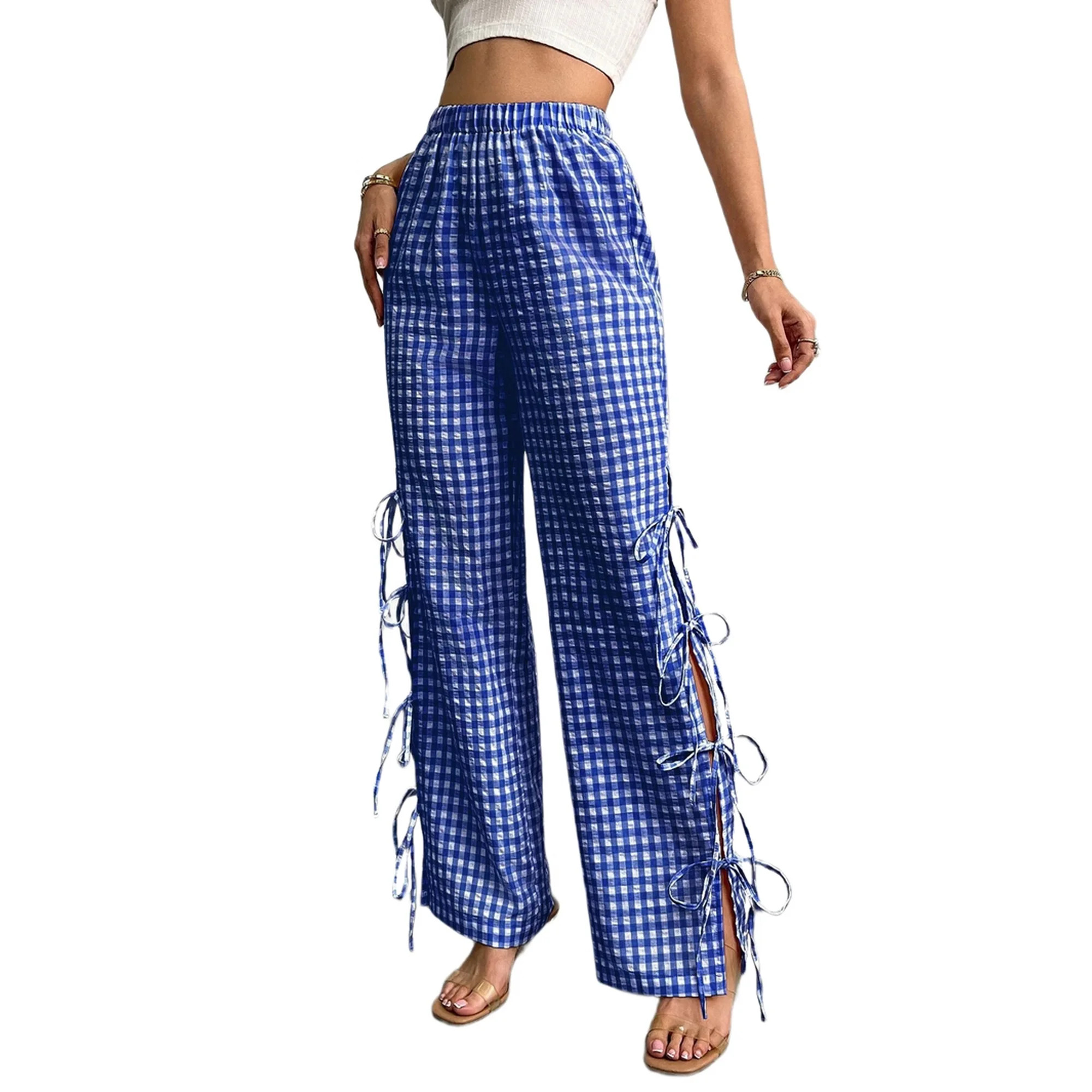 Womens Gingham Plaid Wide Leg Pants Y2k Lounge Pants Lace Up Loose Trousers Blue XL | Walmart (US)