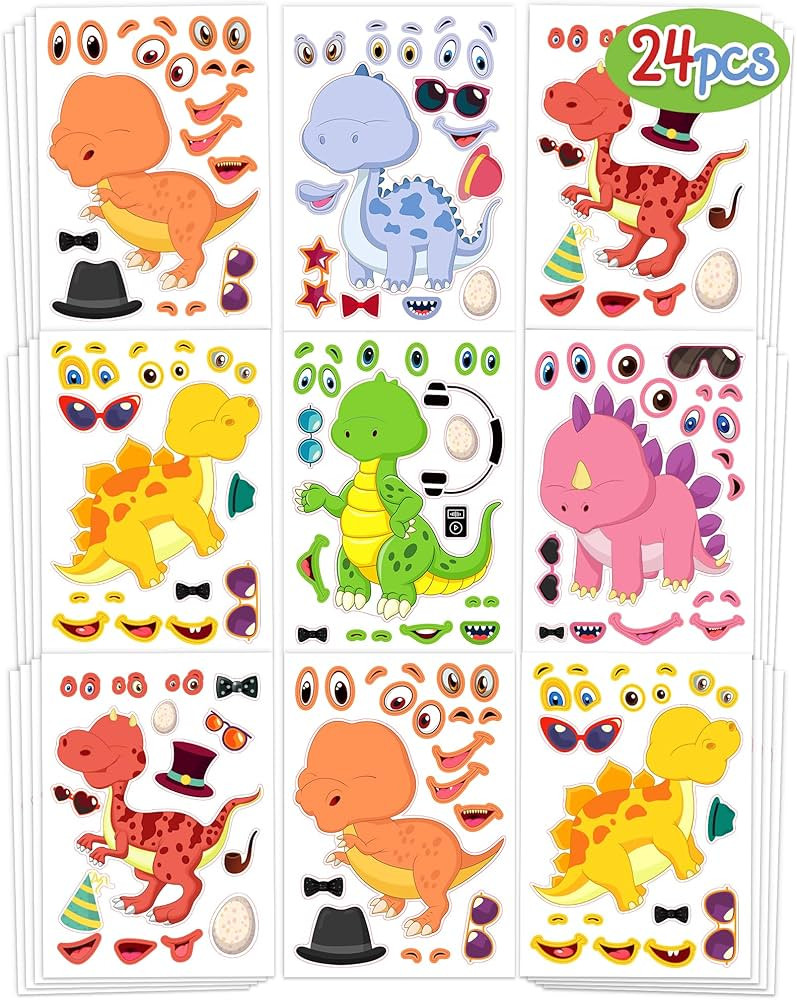 24 Pcs Make Your Own Dinosaur Sticker Sheets, Dinosaur Party Favors Face Stickers for Kids Boys T... | Amazon (US)