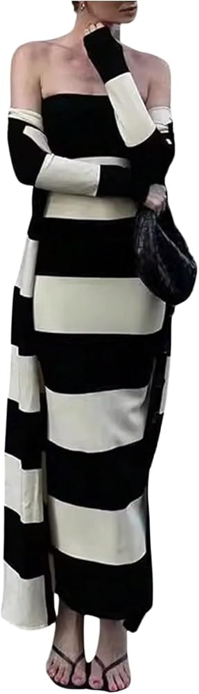 Milumia Women's Two Piece Outfits Color Block Striped Maxi Tube Dresses with Duster Cardigans | Amazon (US)