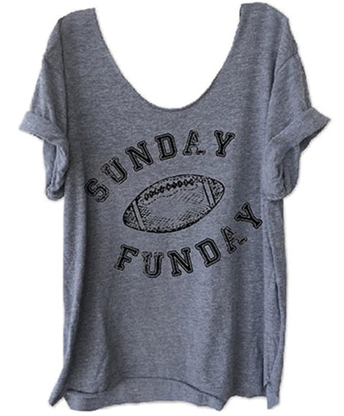 NATAY Women Funny Letter Printed Off Shoulder Sunday Funday Football T-Shirt Casual Short Sleeve ... | Amazon (US)