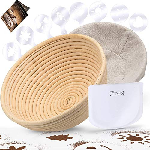 Chefast Banneton Proofing Basket Set of 9.5” Natural Rattan Basket with Brotform Cloth Liner, 8 Bread Stencils and Bowl/Dough Scraper + Instructions - Make Perfectly Round Sourdough Boules | Amazon (US)