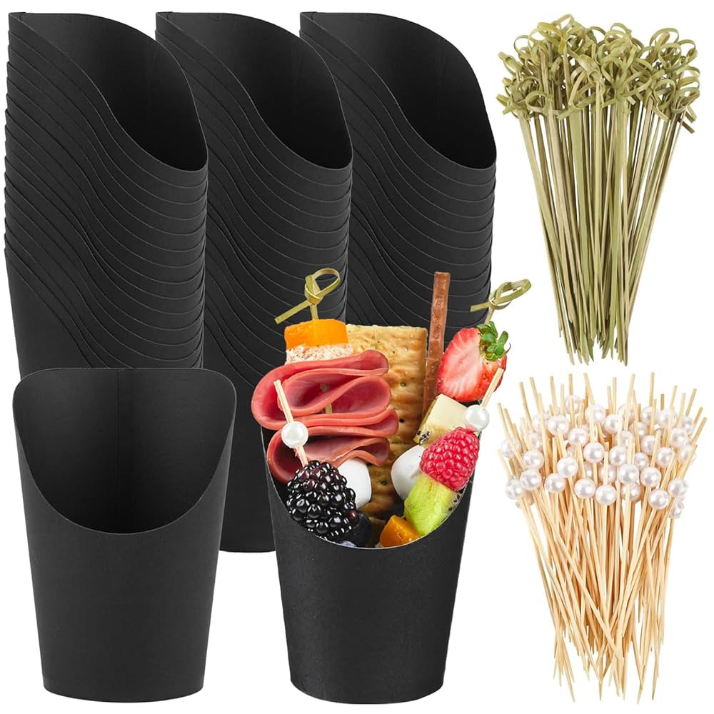 Ocmoiy Charcuterie Cups with Sticks Black Disposable 14 oz Kraft Paper Appetizer Cups, Individual... | Amazon (US)