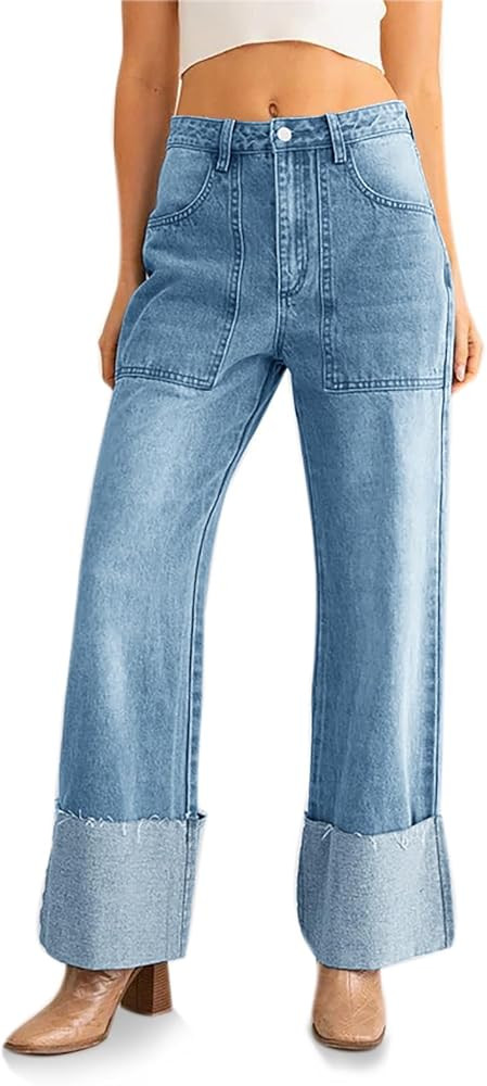 PLNOTME Womens Baggy Cuffed Jeans Casual Straight Leg Boyfriend Denim Pants with Pockets | Amazon (US)