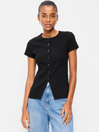 Short-Sleeve Ribbed Button-Down Top | Old Navy (US)