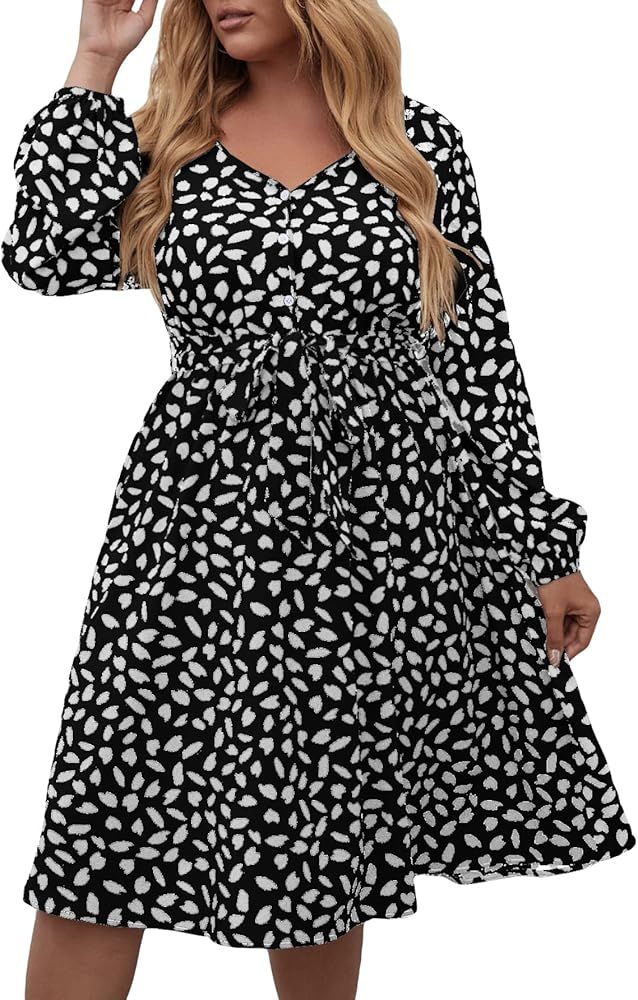 SOLY HUX Women's Plus Size Allover Print V Neck Button Bishop Long Sleeve Midi Dress A Line Belte... | Amazon (US)