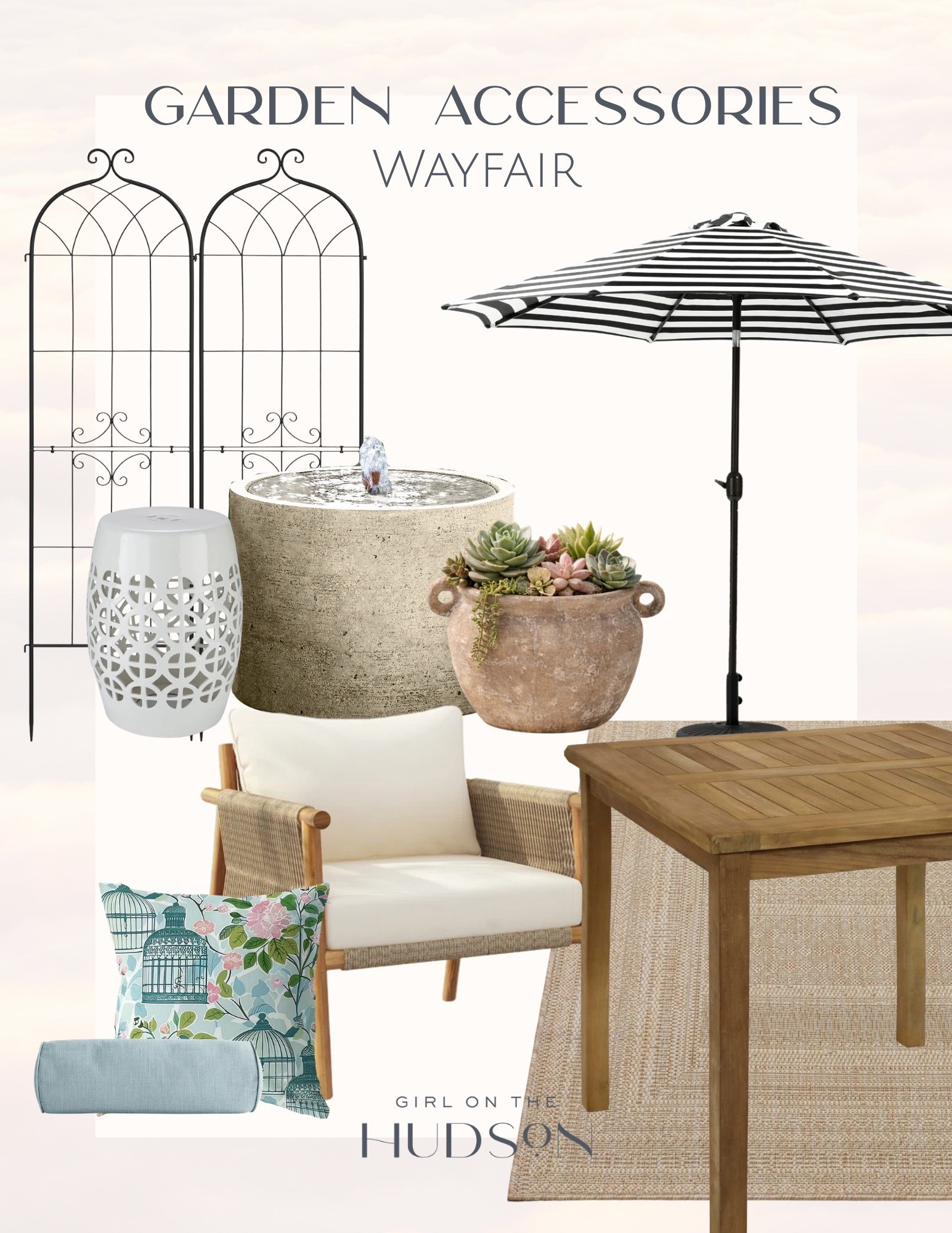These garden accessories are such a good mix of timeless and playful for summer outdoor styling. I love incorporating pieces like striped umbrellas, woven textures, decorative trellis panels, and statement planters to make a backyard feel layered, cozy, and collected without feeling too formal. Outdoor garden decor, Wayfair outdoor finds, Patio accessories, Backyard styling inspiration, Outdoor entertaining ideas, Garden trellis decor, Striped patio umbrella, Neutral outdoor furniture, Summer patio refresh, Outdoor planter ideas, Coastal garden styling, Girl on the Hudson

#LTKSeasonal #LTKHome