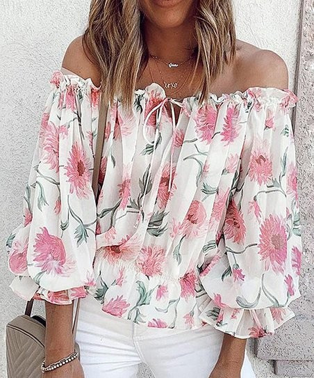 Pink Semi-Sheer Floral Bishop-Sleeve Off-Shoulder Top - Women | Zulily