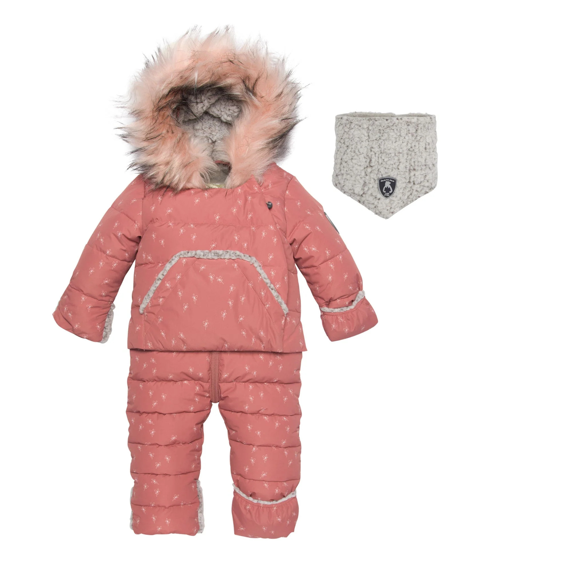 Printed Mini Flowers One Piece Baby Snowsuit Rosy Brown | Deux par Deux Childrens Designer Clothing