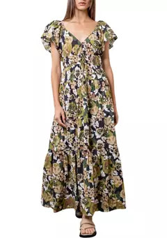 MOON RIVER Women's Floral Printed V-Neck Shirred Front Midi Dress | Belk