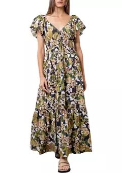 MOON RIVER Women's Floral Printed V-Neck Shirred Front Midi Dress | Belk