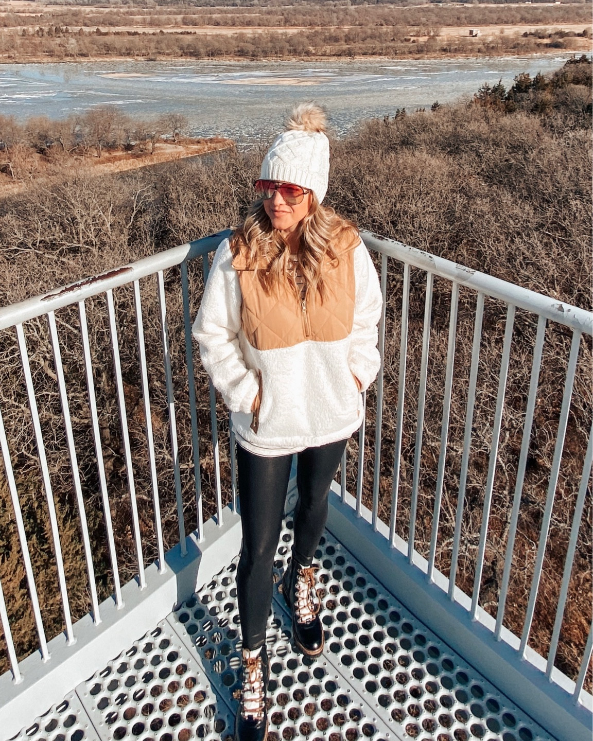 J. Crew Quilted Quarter-Zip Sherpa Pullover, with Spanx faux leather leggings, J. Crew pom beanie, and black hiker boots.

#LTKunder100 #LTKstyletip #LTKSeasonal