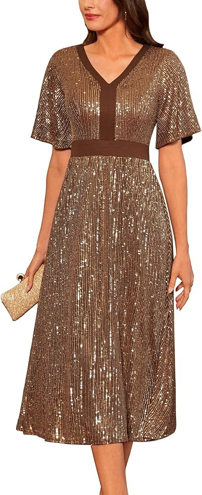 GRACE KARIN Women's Sequin V Neck Ruffle Sleeve Empire Waist Sparkly Glitter A Line Cocktail Form... | Amazon (US)