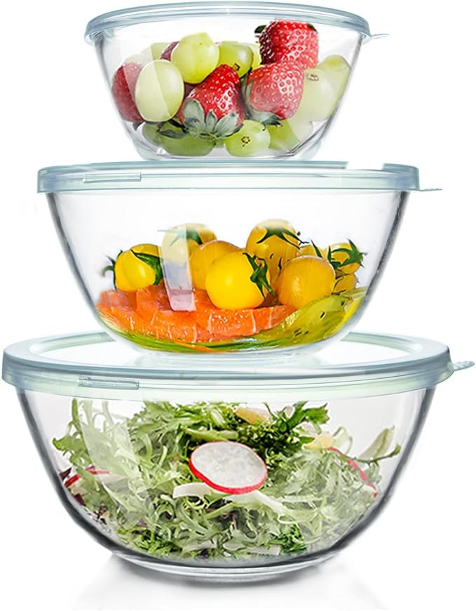 Glass Mixing Bowls with Lids Set of 3（4.5QT,2.7QT, 1.1QT, Large Kitchen Salad Bowls, Space-Savi... | Amazon (US)