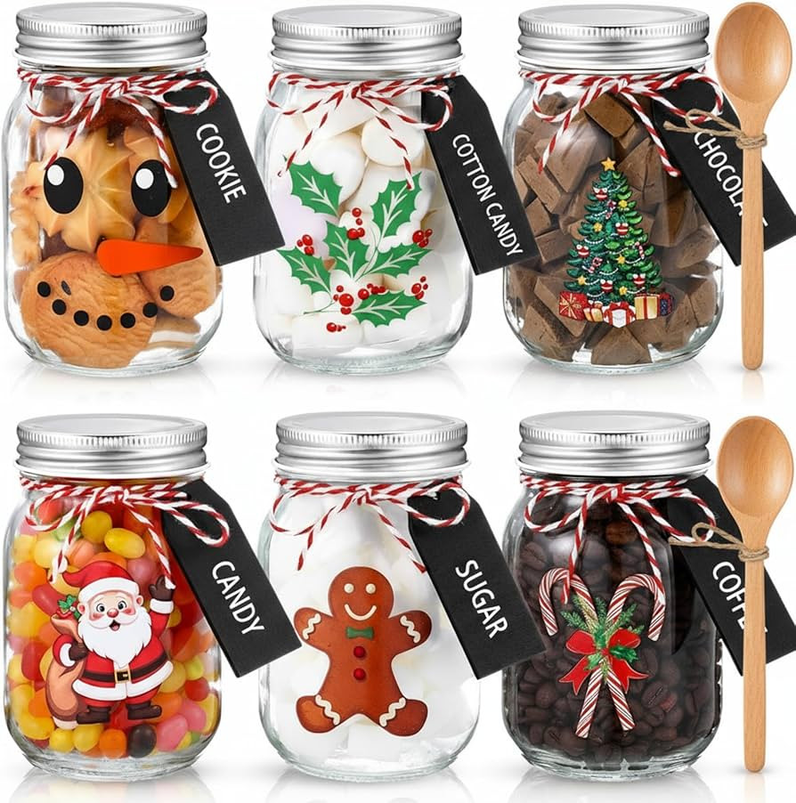 Vesici 6 Set Christmas Hot Chocolate Bar Supplies 17 oz Glass Mason Jars Wooden Spoons Black Wood... | Amazon (US)