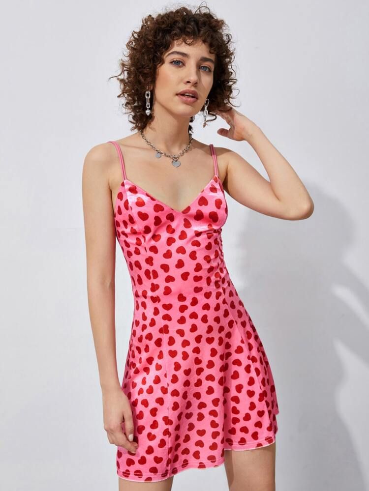 SHEIN Allover Heart Print Velvet Cami Dress | SHEIN