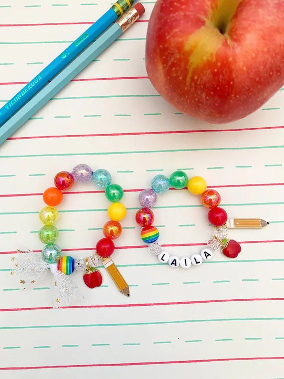Kids Back to School Rainbow Pencil Apple Charm Bracelet - Etsy | Etsy (US)