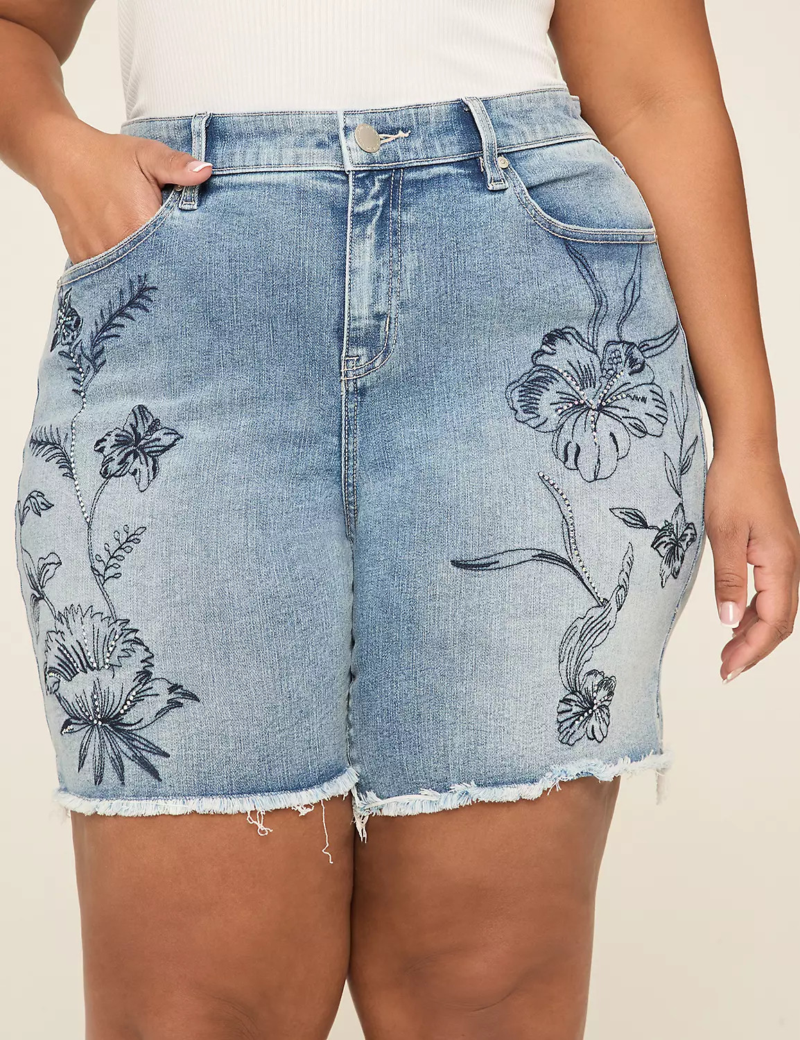 Embroidered & Embellished Signature Fit Bermuda Jean Short - 7" Inseam | Lane Bryant (US)