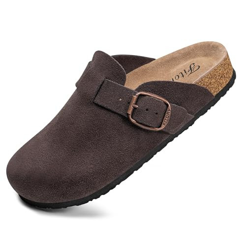 FITORY Womens Clogs Slip-on Potato Shoes Leather Mules with Suede Cork Footbed Mocha Size 8.5 | Amazon (US)