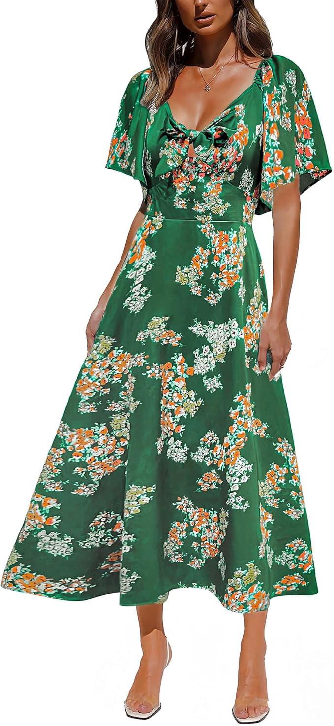 Fashionme Womens Dresses 2025 Maxi Dresses Deep V Neck Elegant Bow Tie Front Cap Sleeve Summer Fl... | Amazon (US)