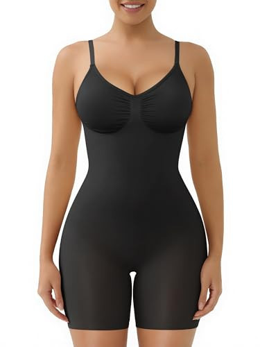 SHAPERX Women's Shapewear Tummy Control Bodysuit with Removable Pads Seamless Sculpting Mid Thigh Body Shaper,SZ5468-Black-S/M-Plus | Amazon (US)