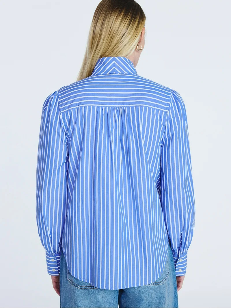 Free Assembly Women's Cotton Tie Neck Blouse with Long Puff Sleeves, Sizes XS-XXL | Walmart (US)