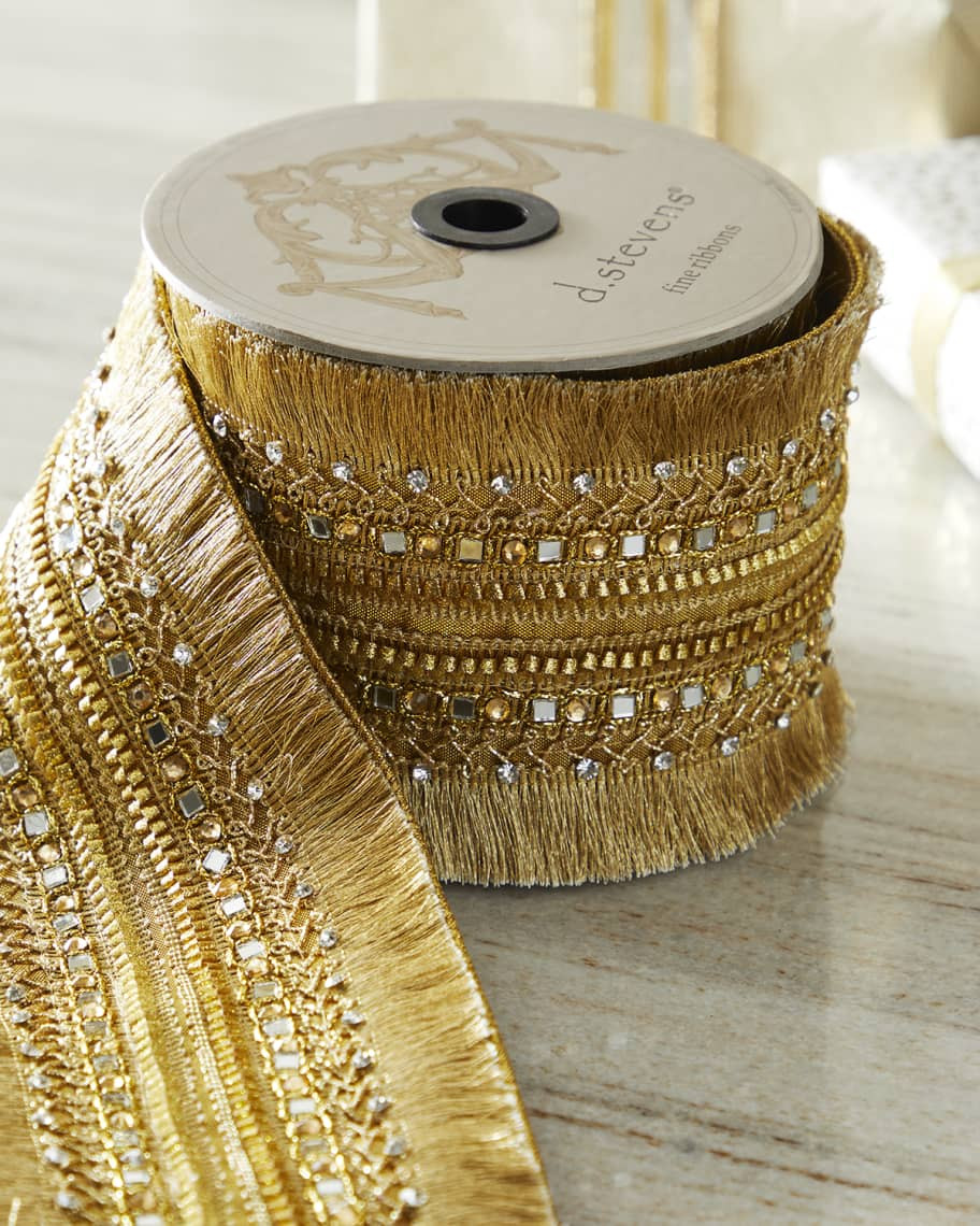 D. Stevens Metallic Dupion Fringe Jeweled Ribbon, 4"W x 5 Yards | Neiman Marcus