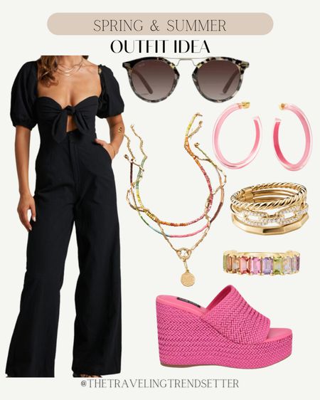 Spring and summer outfit idea, bachelorette party, Nashville, outfit, date, night, outfit, girls, night out, hot pink shoes, summer sandals, sunglasses, jewelry, accessorize, how to style, black jumpsuit, black romper, work where, resort wear, vacation 

#LTKWorkwear #LTKFindsUnder100 #LTKStyleTip