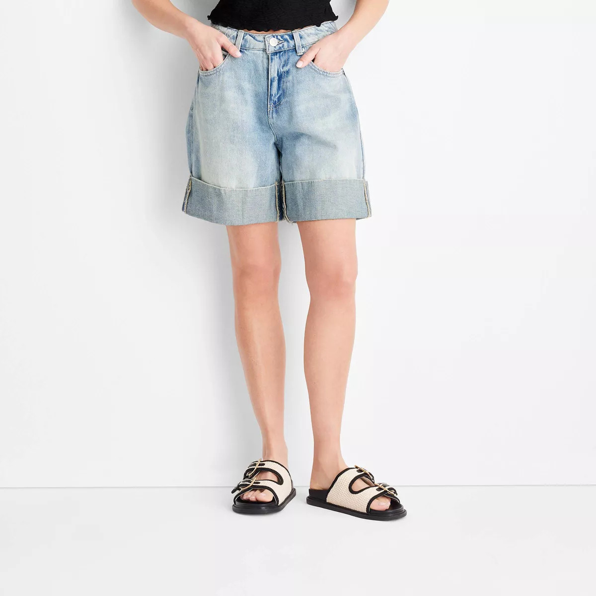 Women's Mid-Rise Wide Cuff Denim Shorts - Future Collective White 0 | Target