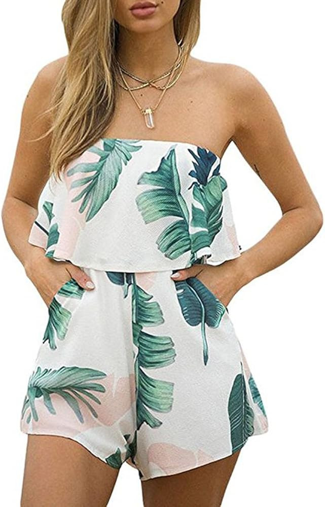 DDSOL Women Sexy Off Shoulder Floral Printed Playsuit One Piece Summer Strapless Romper Beach Sho... | Amazon (US)