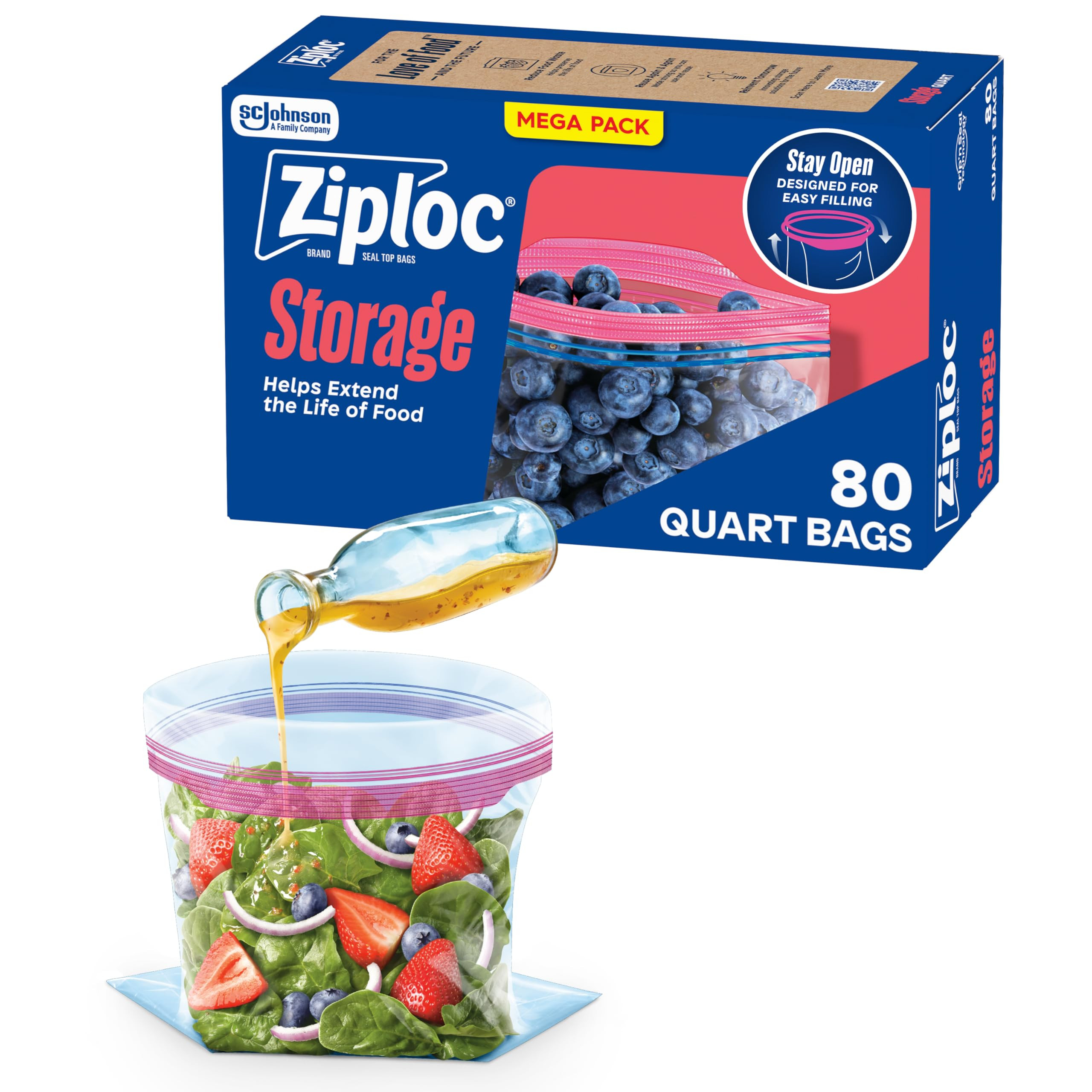 Ziploc Quart Food Storage Bags, Stay Open Design with Stand-Up Bottom, Easy to Fill, 80 Count | Amazon (US)