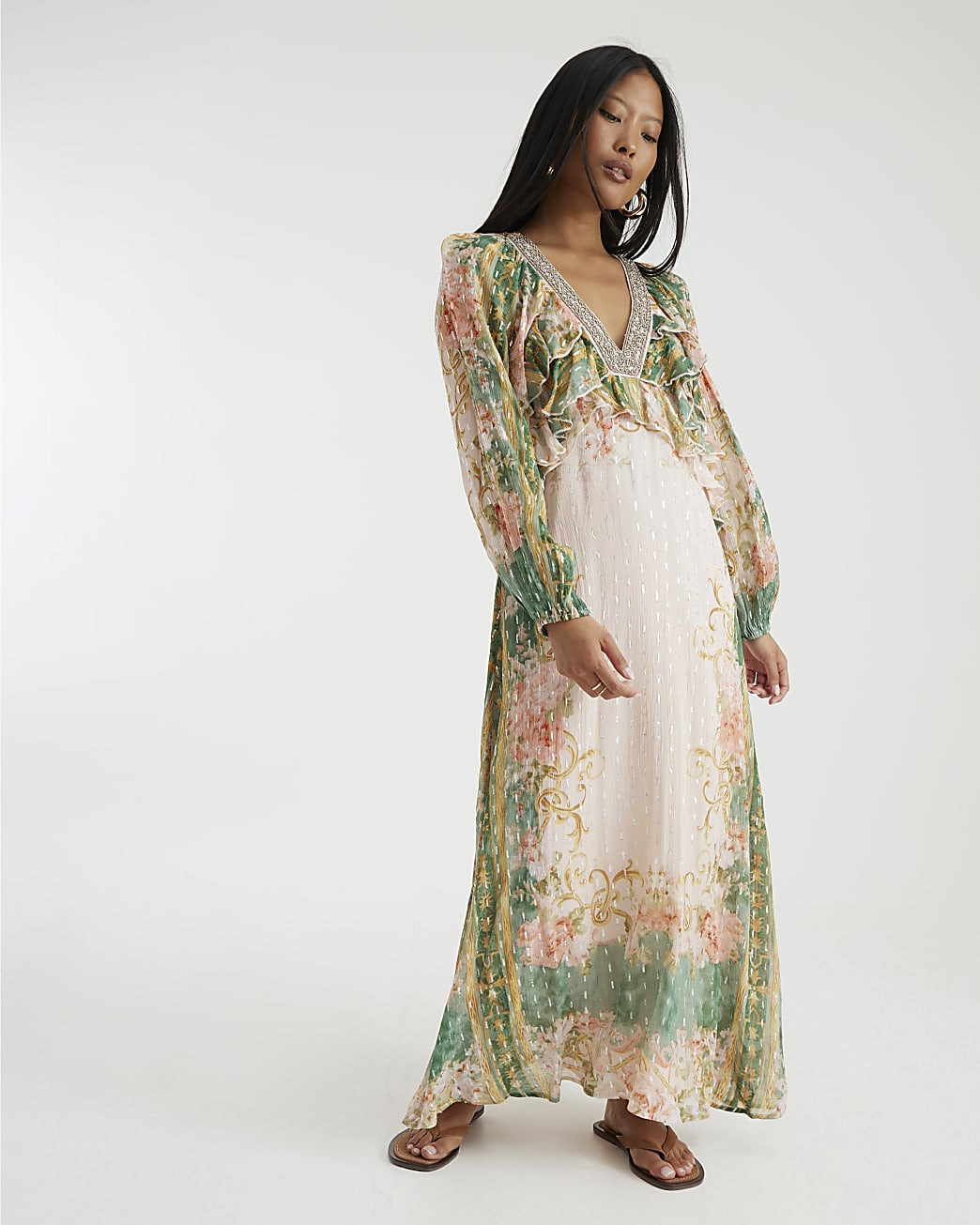 Petite Pink Long Sleeve Ruffle Maxi Dress | River Island UK & IE