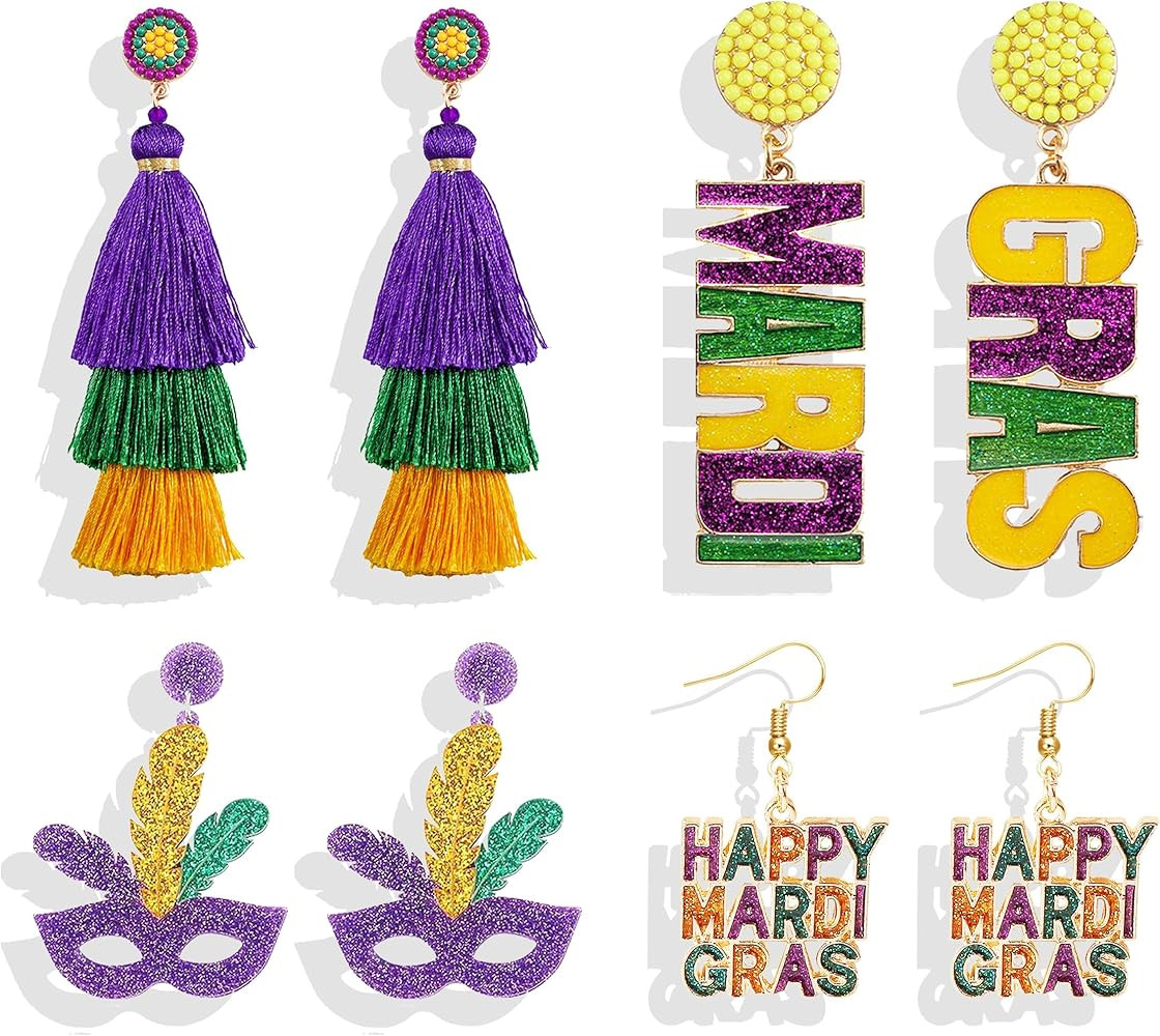 Mardi Gras Earrings Accessories Mardi Gras Outfit for Women Tassel Purple Green Yellow Earrings C... | Amazon (US)
