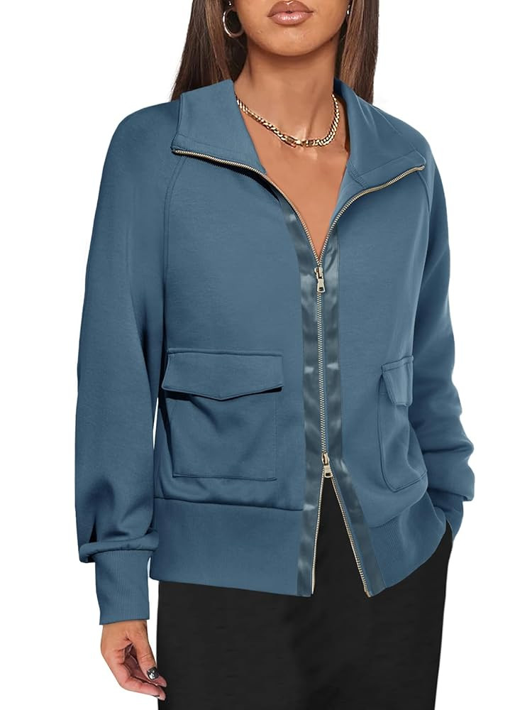 Fisoew Women's Zip up Sweatshirt Collared Neck Long Sleeve Loose Casual Lightweight Jacket with P... | Amazon (US)