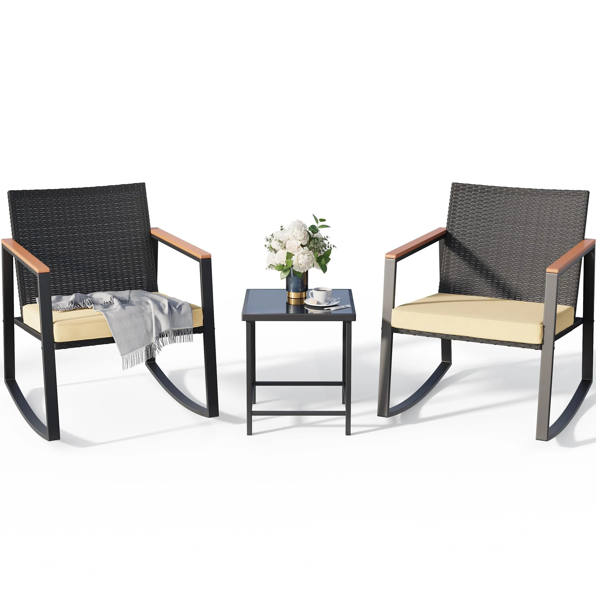 Lofka 3 Pieces Patio Wicker Chairs Set with Glass Coffee Table, Patio Furniture Set for Garden, P... | Walmart (US)