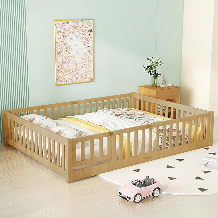 Bellemave Queen Size Floor Bed with Door,Kids Montessori Floor Bed with Slats and Fence,Solid Woo... | Amazon (US)
