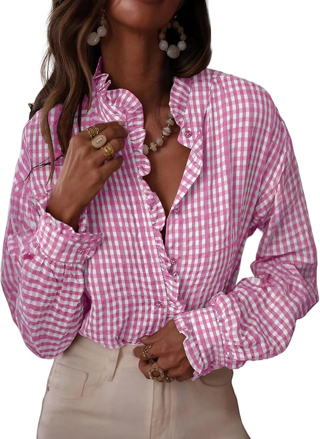 Astylish Womens Plaid Ruffle V Neck Button Down Blouse Casual Long Sleeve Gingham Trendy Tops Wor... | Amazon (US)
