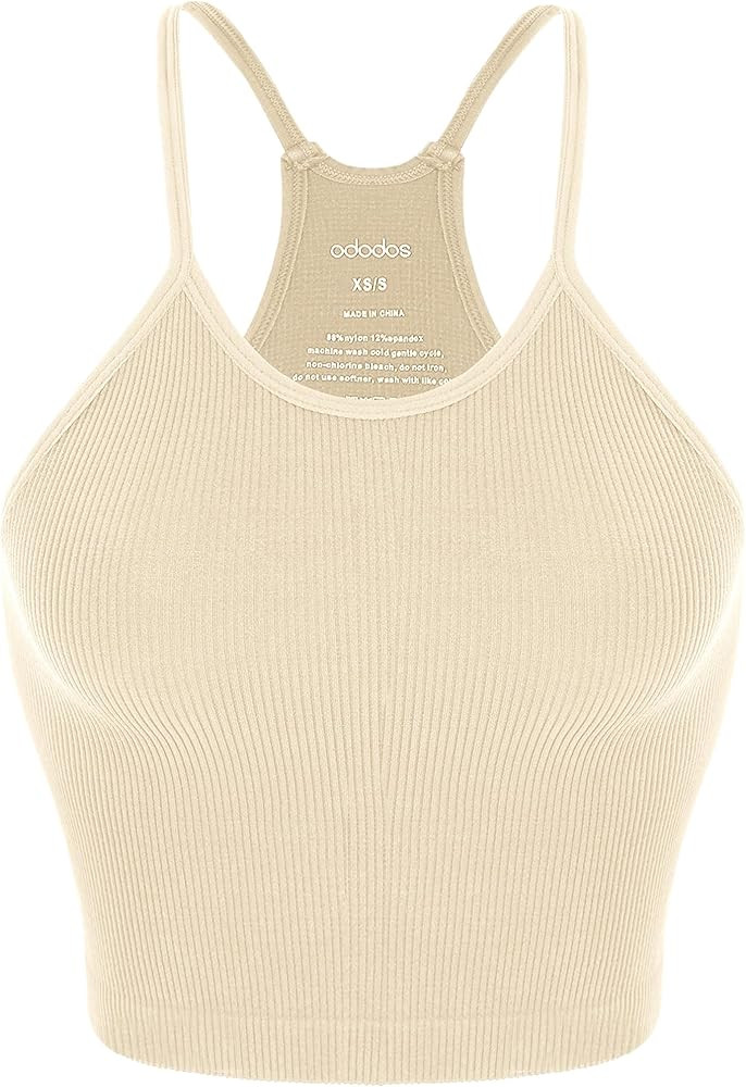 ODODOS Women's Crop Seamless Rib-Knit Camisole Strappy Racerback Cropped Tank Tops | Amazon (US)