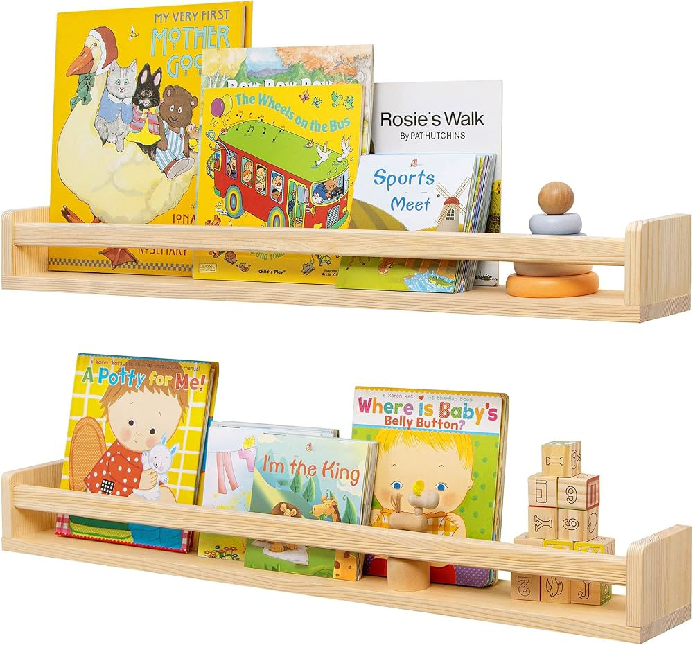 Fun Memories Nursery Book Shelves - Rustic Natural Solid Wood Floating Bookshelf for Kids - Wall ... | Amazon (US)